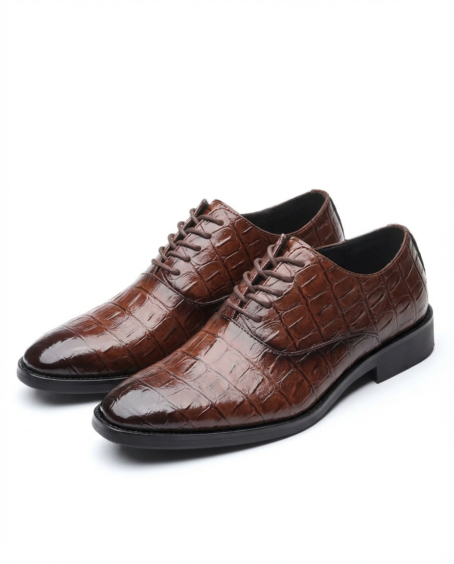 Elegant Crocodile Embossed Leather Oxford Shoes for Women with Lace Up Cap Toe Stacked Heel Classic Style