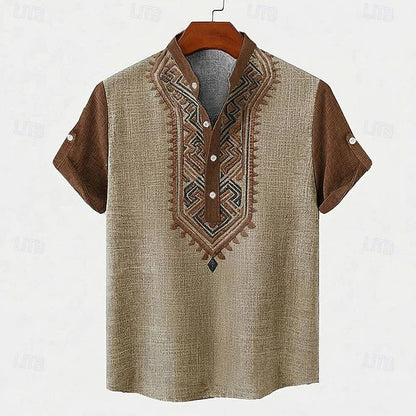 Effortless Embroidered Linen Blouse for Women with Stand Collar Short Sleeve Roll Tab Casual Style