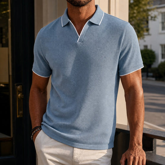 Effortless Textured Knit Polo Shirt for Women with V Neck Short Sleeve Contrast Trim Relaxed Style