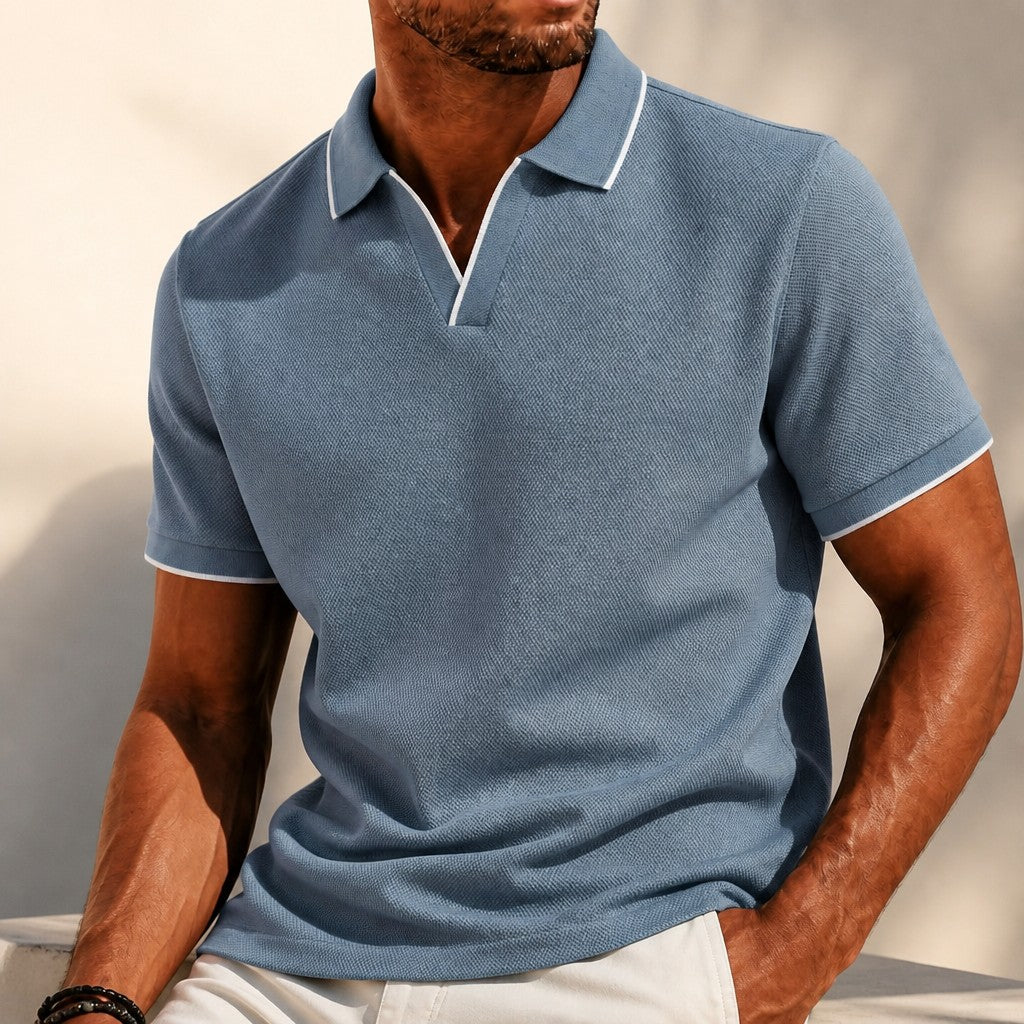 Effortless Textured Knit Polo Shirt for Women with V Neck Short Sleeve Contrast Trim Relaxed Style