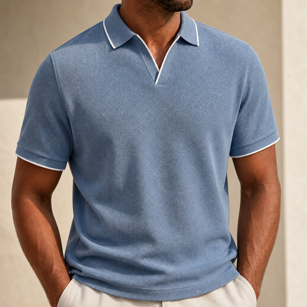 Effortless Textured Knit Polo Shirt for Women with V Neck Short Sleeve Contrast Trim Relaxed Style