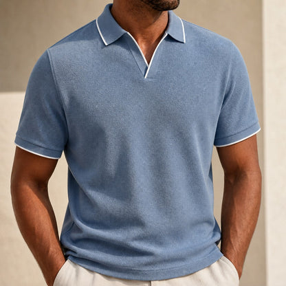 Effortless Textured Knit Polo Shirt for Women with V Neck Short Sleeve Contrast Trim Relaxed Style
