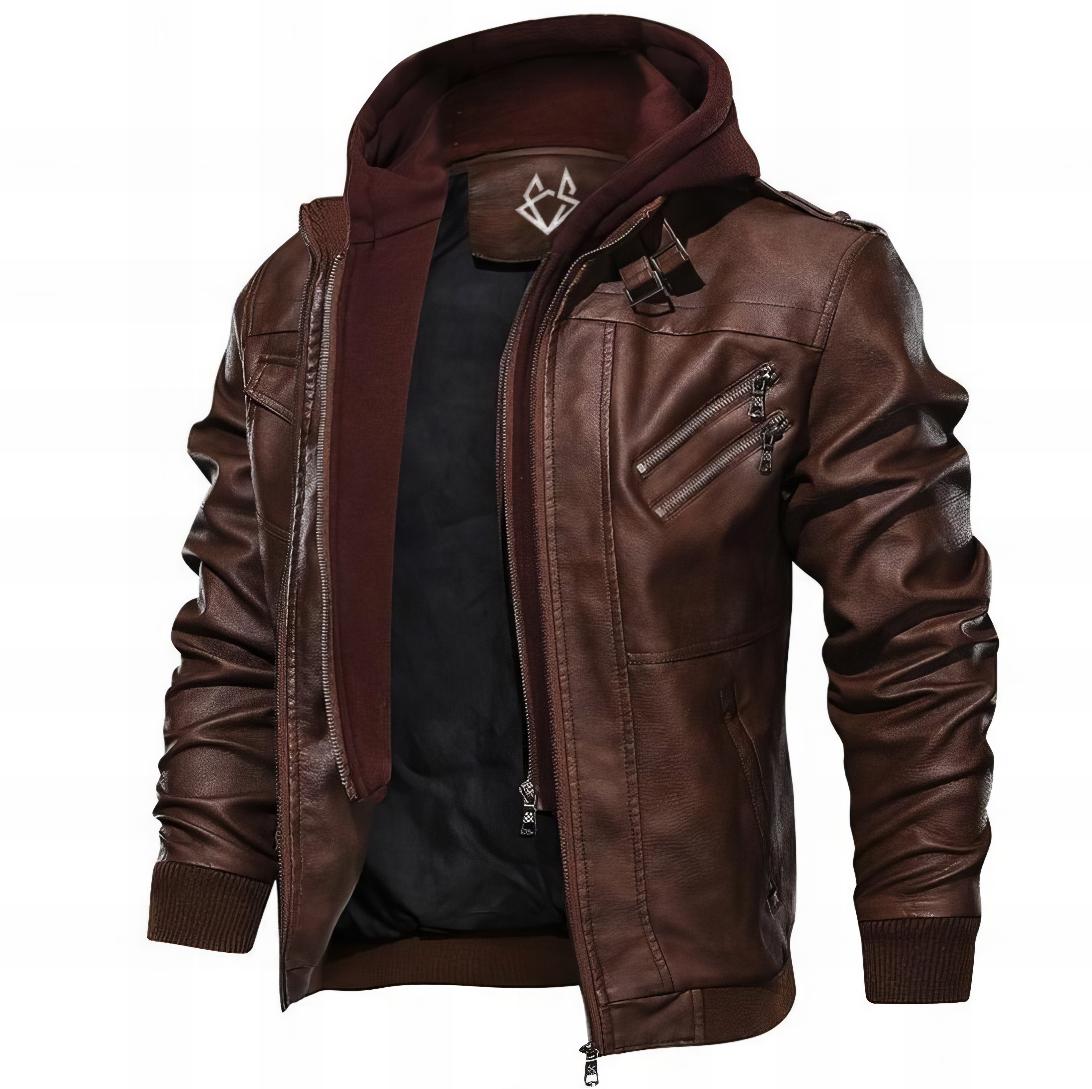Effortless Brown Leather Jacket for Women with Hooded Collar Long Sleeve Zip Pocket Casual Style