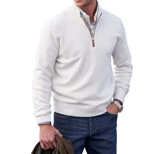 Comfortable White Knit Quarter Zip Sweater for Women with Mock Neck Long Sleeve Ribbed Trim Relaxed Style