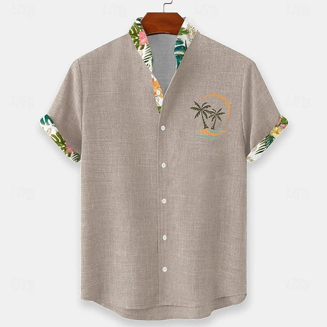 Effortless Tropical Print Linen Shirt for Women with Camp Collar Short Sleeve Contrast Trim Button Front Casual Style
