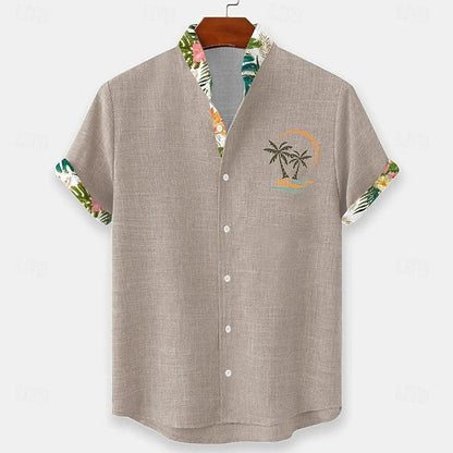 Effortless Tropical Print Linen Shirt for Women with Camp Collar Short Sleeve Contrast Trim Button Front Casual Style