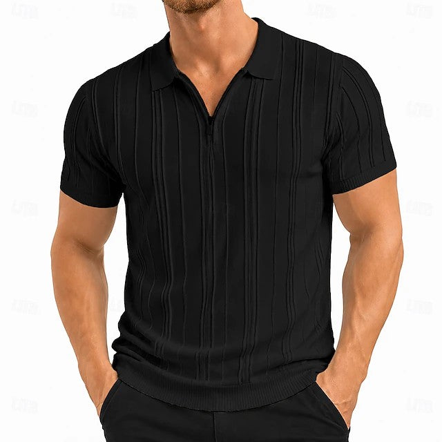 Comfortable Ribbed Knit Polo Shirt for Women with Zip Neck Short Sleeve Textured Fitted Casual Style
