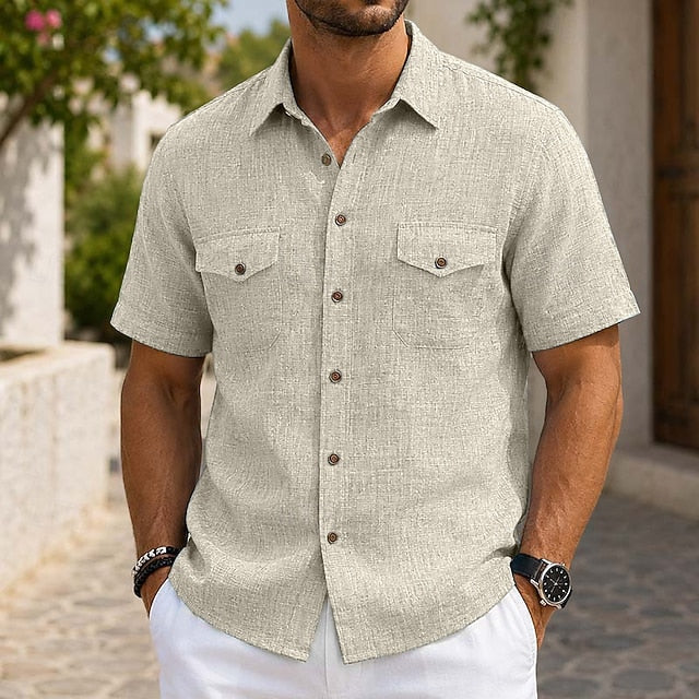 Effortless Linen Shirt for Women with Collar Short Sleeve Chest Pocket Casual Style
