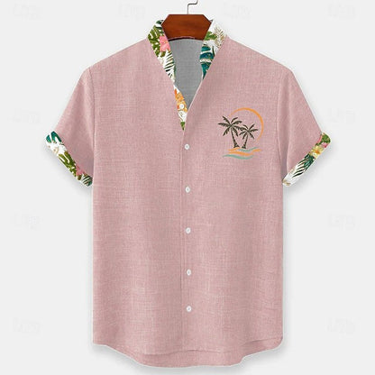 Effortless Tropical Print Linen Shirt for Women with Camp Collar Short Sleeve Contrast Trim Button Front Casual Style