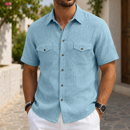 Effortless Linen Shirt for Women with Collar Short Sleeve Chest Pocket Casual Style