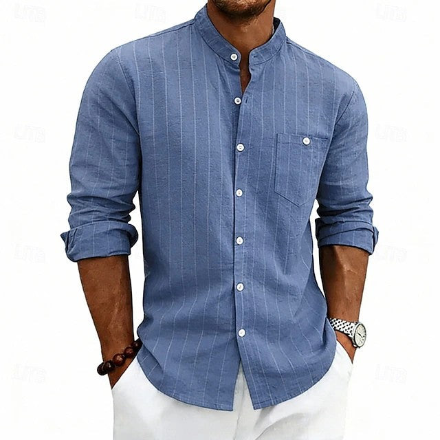 Effortless Striped Linen Shirt for Women with Band Collar Long Sleeve Chest Pocket Casual Style